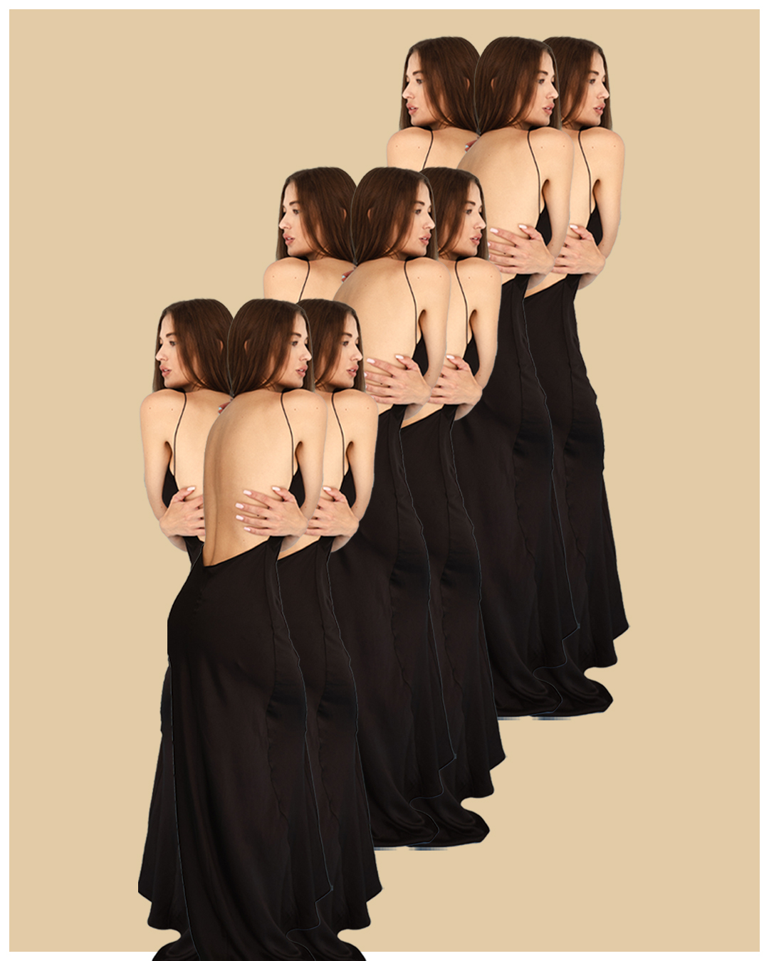 Artistic collage of woman in black backless dress with repeated figures against beige background