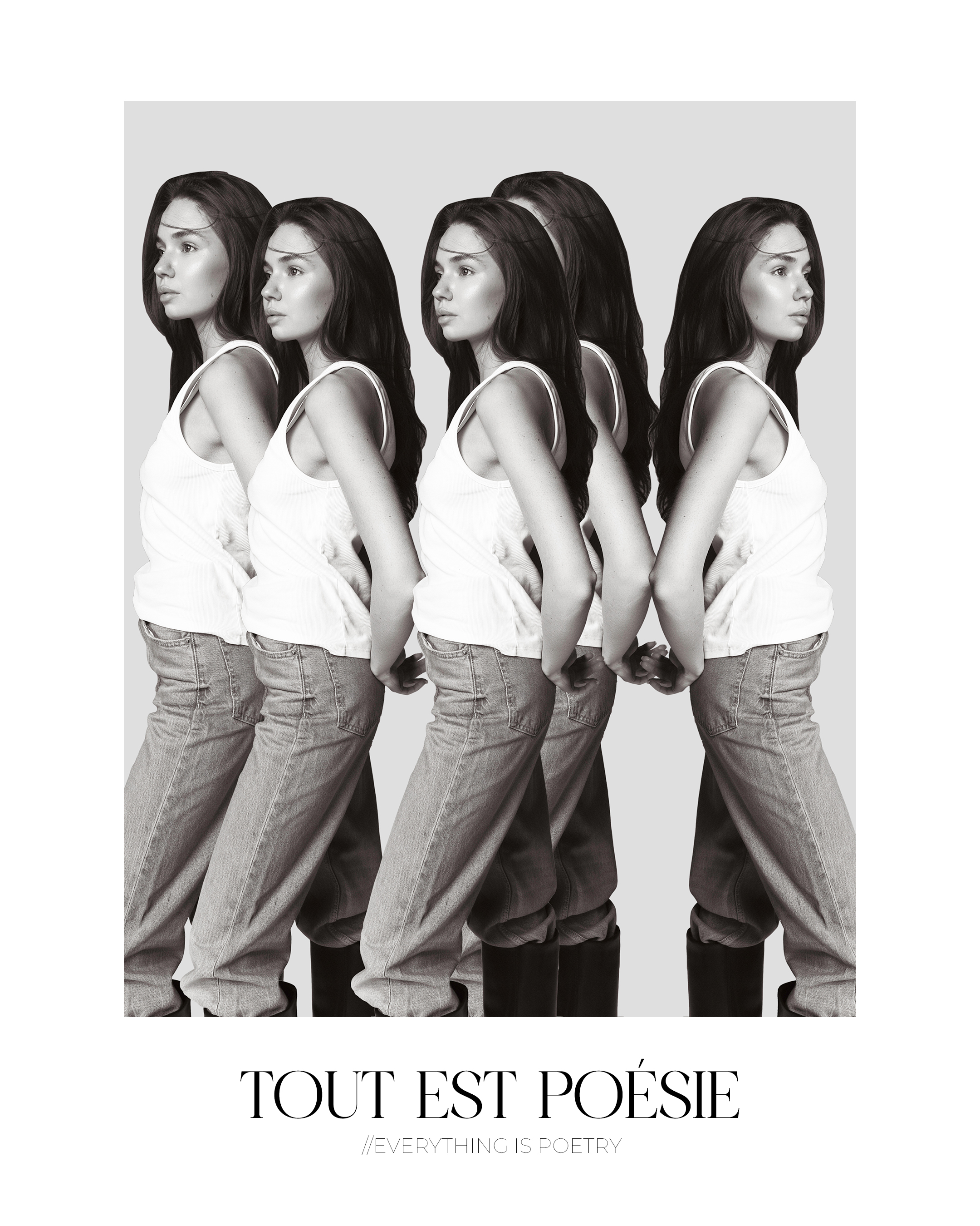 Black and white collage with 'TOUT EST POÉSIE' text featuring woman in white tank top and jeans